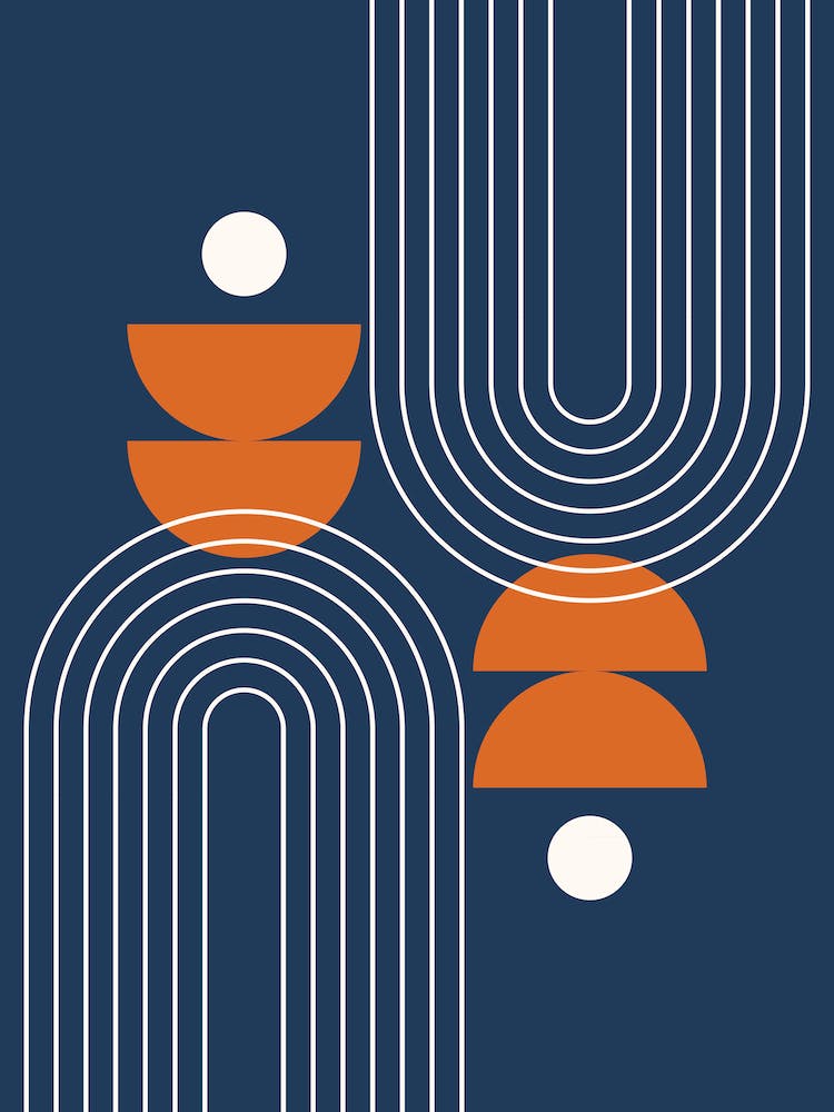 Mid Century Modern Geometric Abstract Rainbow, Moon Phases and Sun in Navy Blue Retro Burnt Orange 1