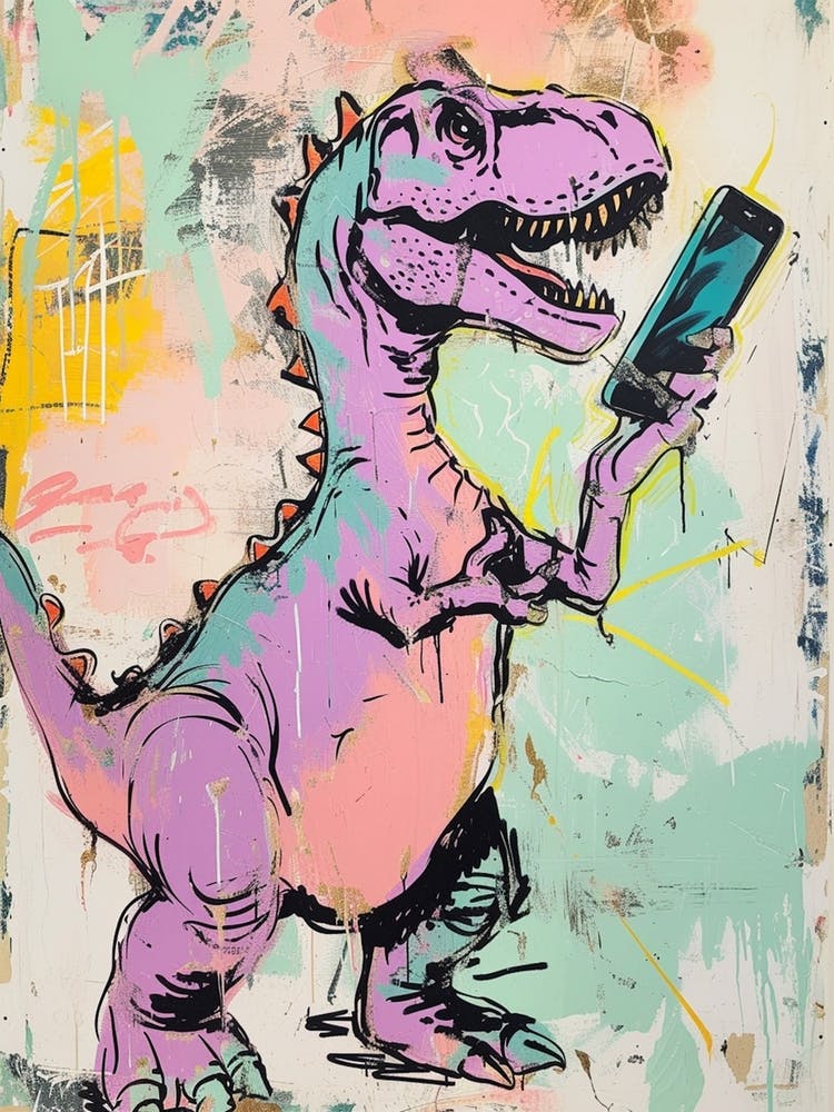 Dinosaur On A Smart Phone Pink Lilac Graffiti Style 2