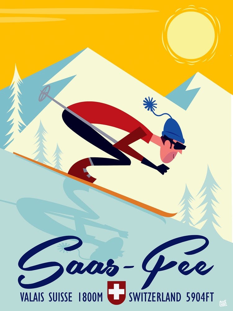Saas Fee Ski Poster Yellow & Mint