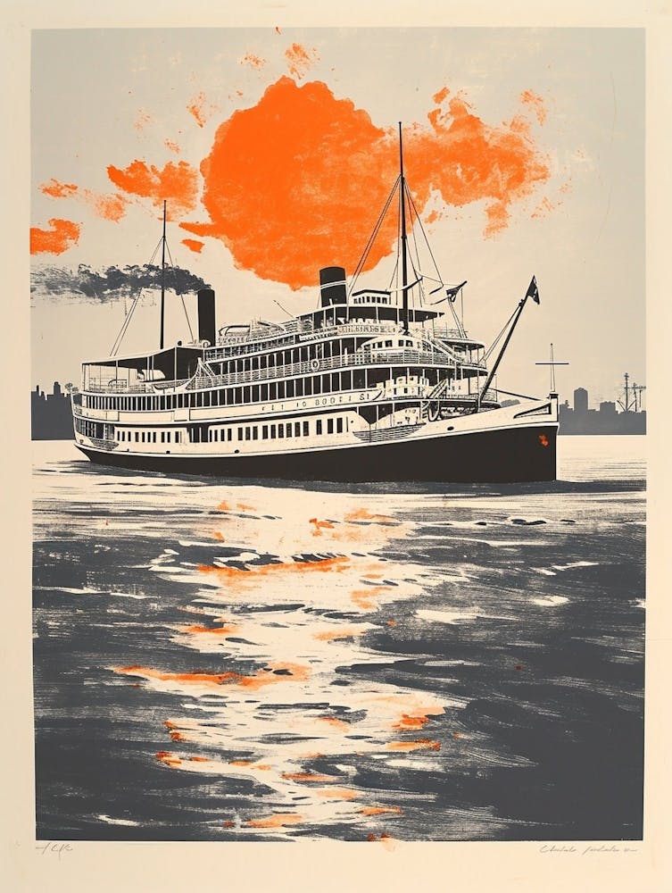Lithographie Rétro Bateau à Vapeur Natchez 3