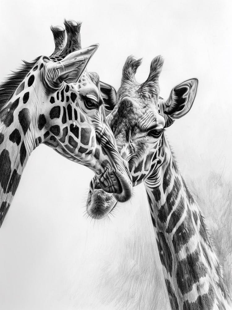 Two Giraffe Together Pencil Drawing 4