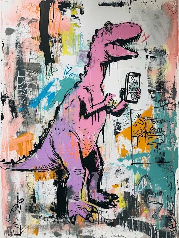 Dinosaur On A Smart Phone Pink Lilac Graffiti Style 3