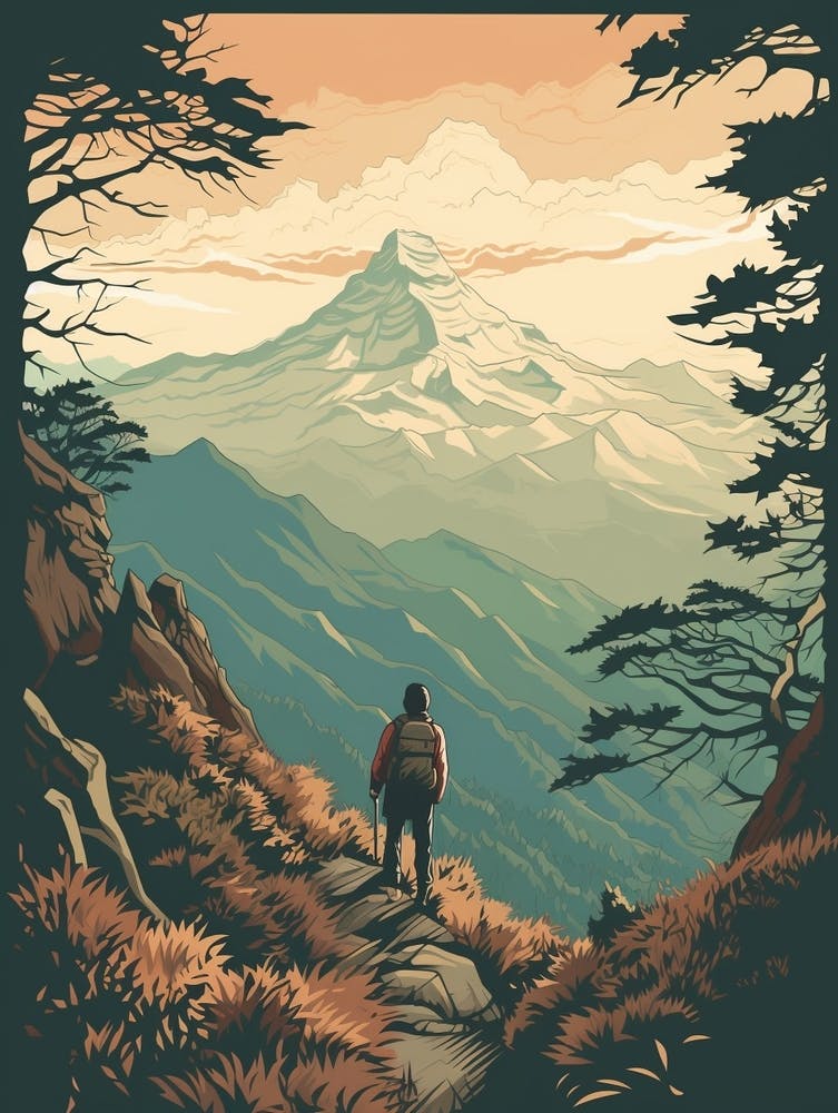 Poon Hill Trek Nepal 1 Vintage Travel Illustration