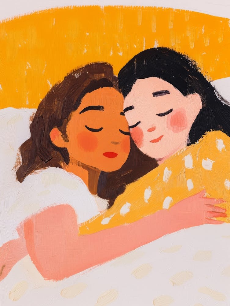 Two Women Cuddling Gouache Painting