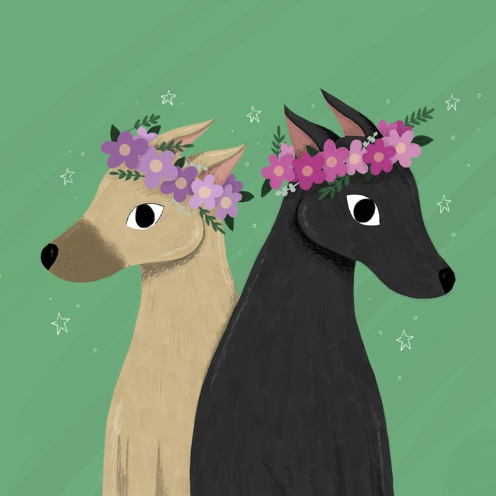 Two Sighthound Whippet Greyhound Dogs With Flower Crowns