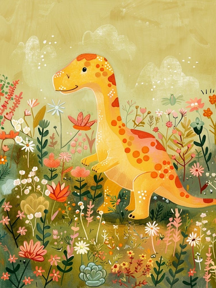 Cute Dinosaur In A Meadow Storybook Painting 3