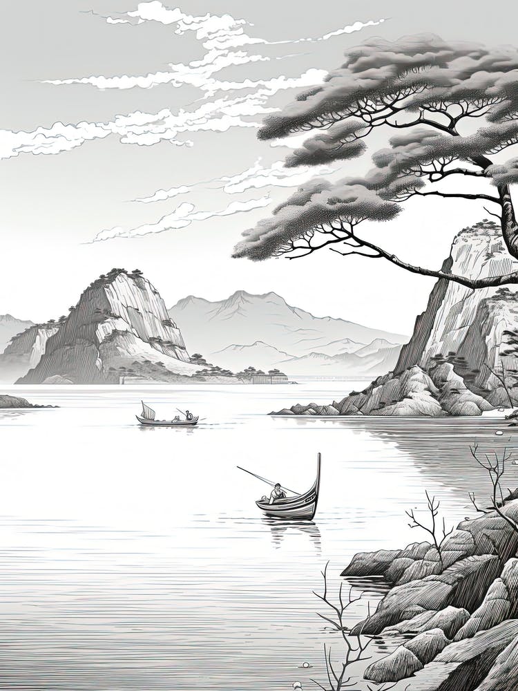 Sado Island In Niigata,, Ukiyo E Black And White Line Art Drawing 4