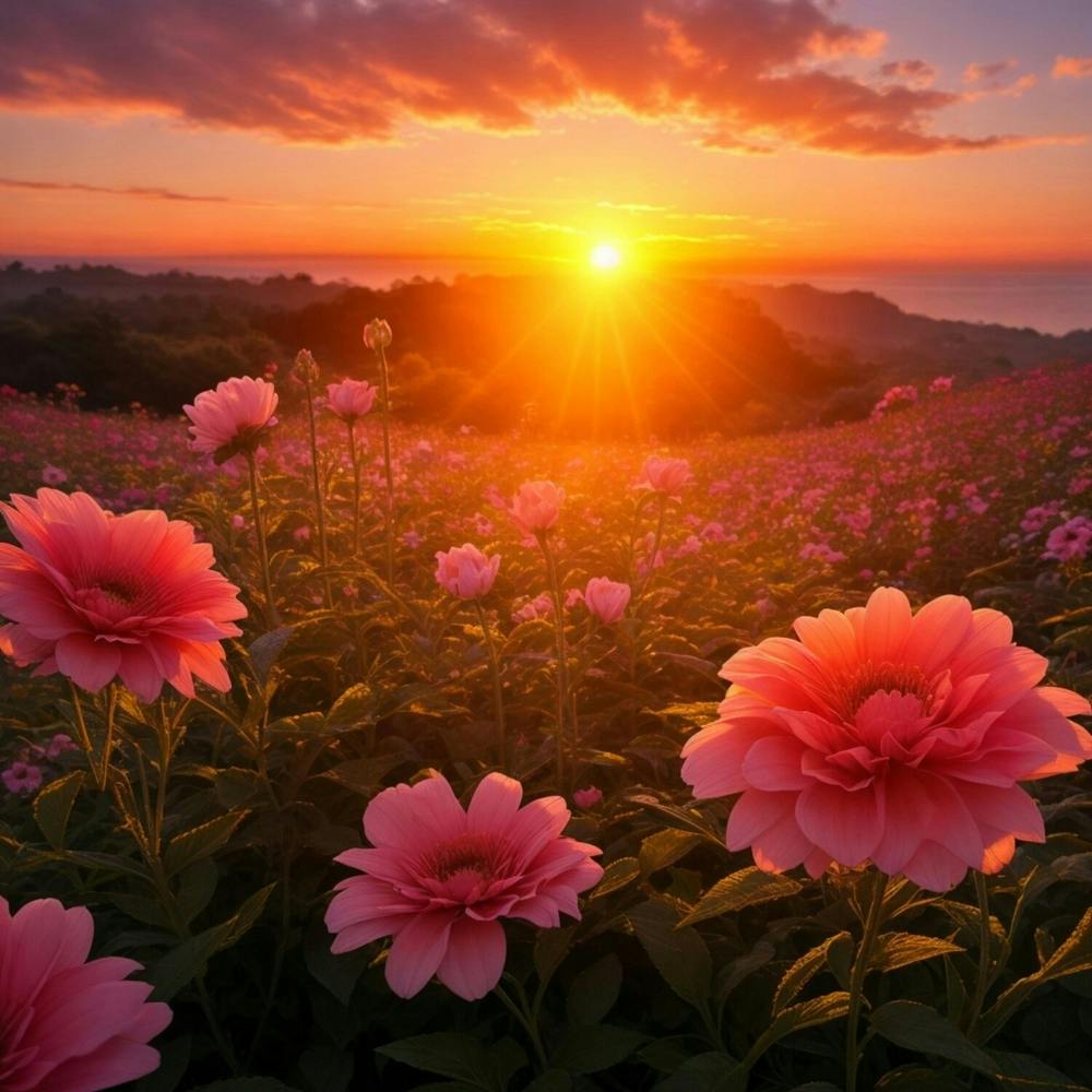 Sunset With Dahlias