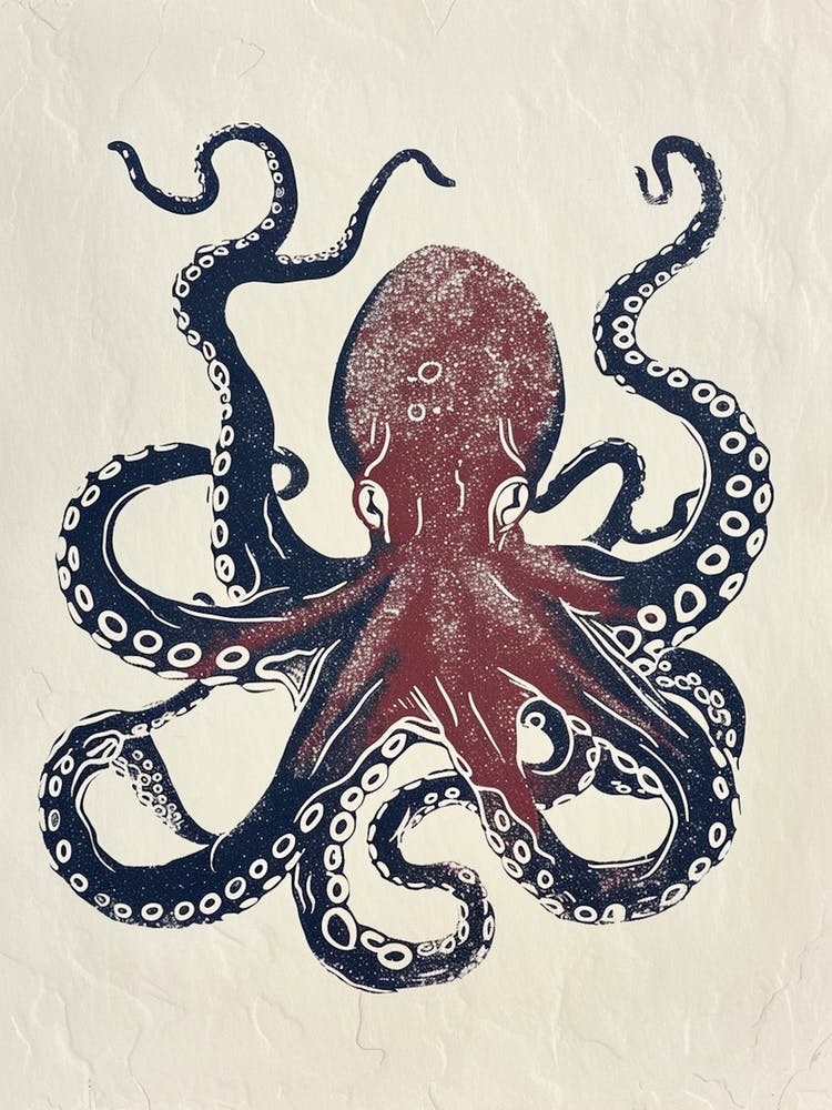 Linocut Red Navy Octopus 1