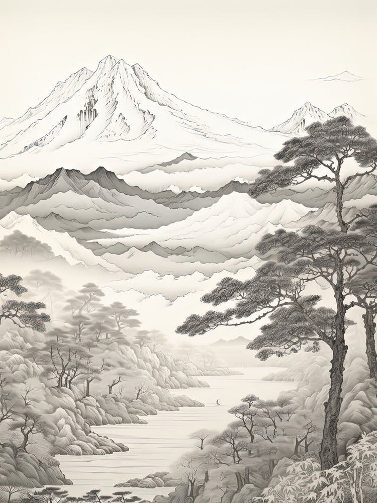Chugoku Mountains In Multiple Prefectures, Ukiyo E Black And White Line Art Drawing 4