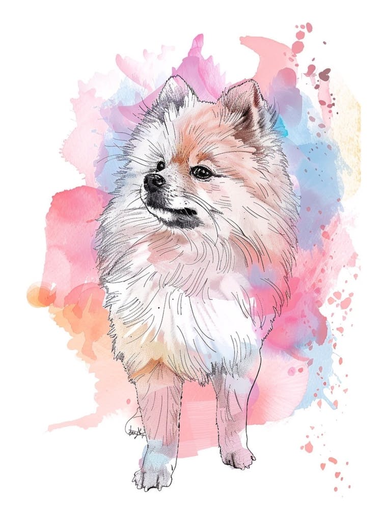 Pastel Pomeranian Dog Watercolour Line Illustration 1