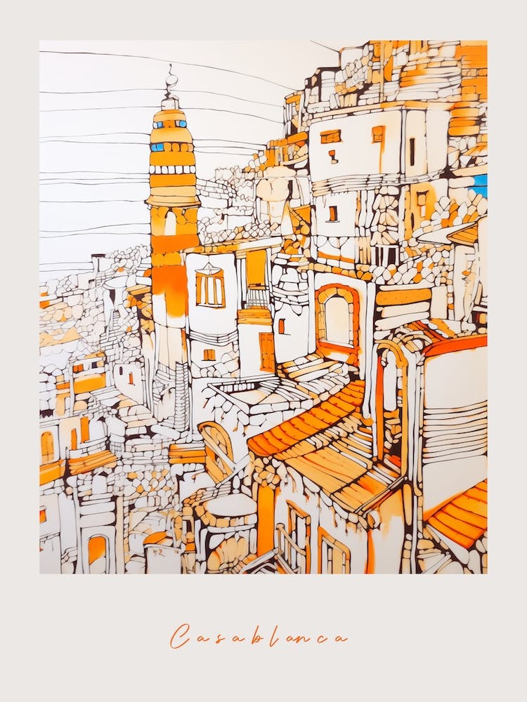 Casablanca Morocco Orange Drawing Poster