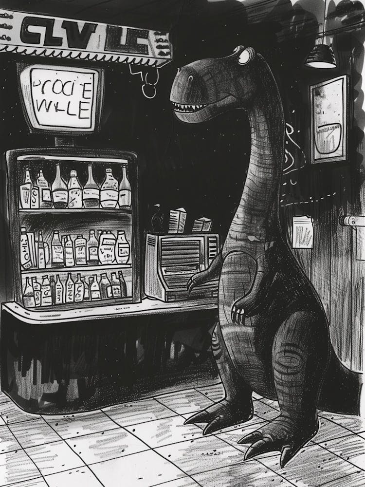 Dinosaurier in einem Café – Graue Skizzenillustration