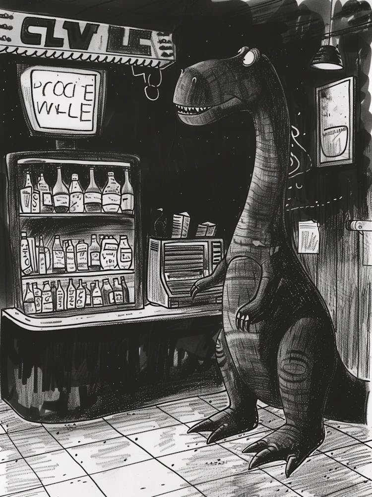 Dinosaur In A Cafe Grey Sketch Illustration
