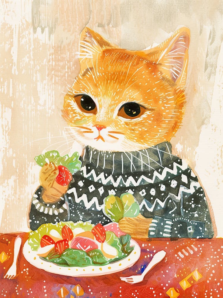 Brown Cat Eating Salad Folk Illustration 4