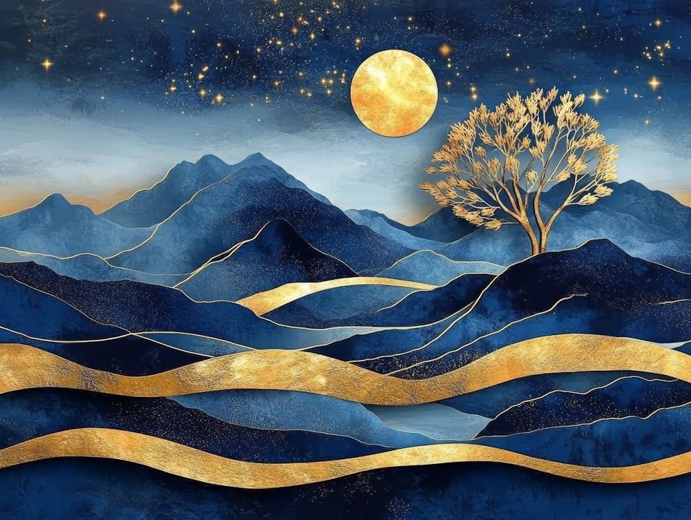 3d Modern Blue Night Landscape with Dark Mountains, Giant Golden Tree and Gold