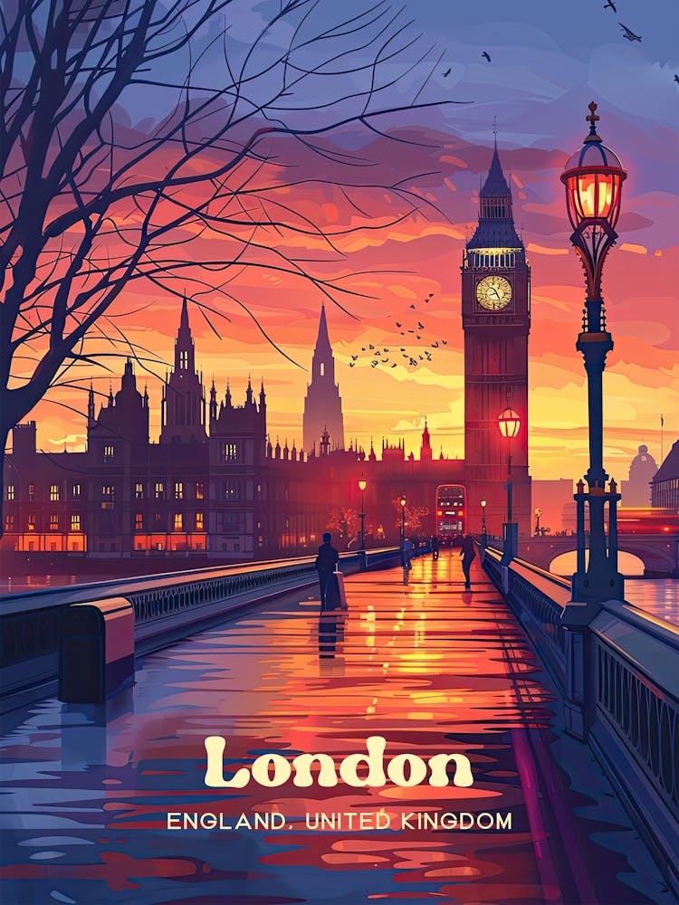 London England Sunset Travel Illustration 1