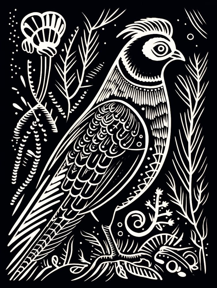 Linogravure d'oiseau N&B - Faisan 4