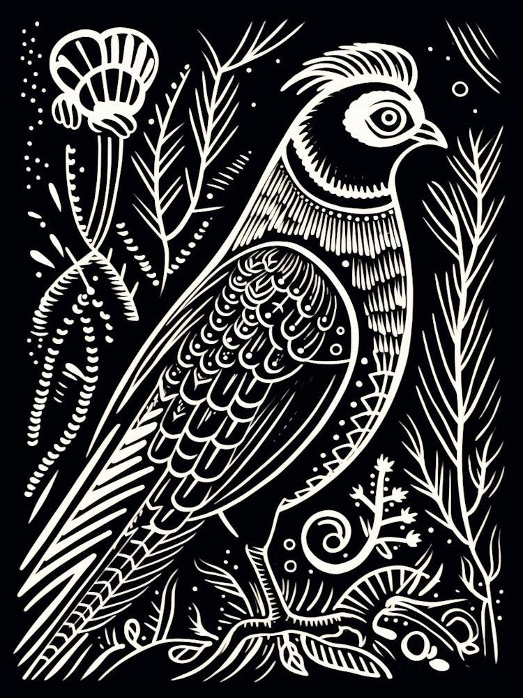B&W Bird Linocut Pheasant 4
