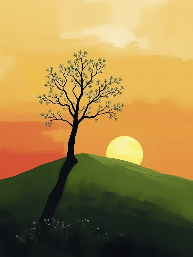 Lone Tree At Sunset Spring In A Lush Green Hill, Abstract Painting, Piet Mondrian, Canvas Painting, Wallart, Wall Prints, Decoration