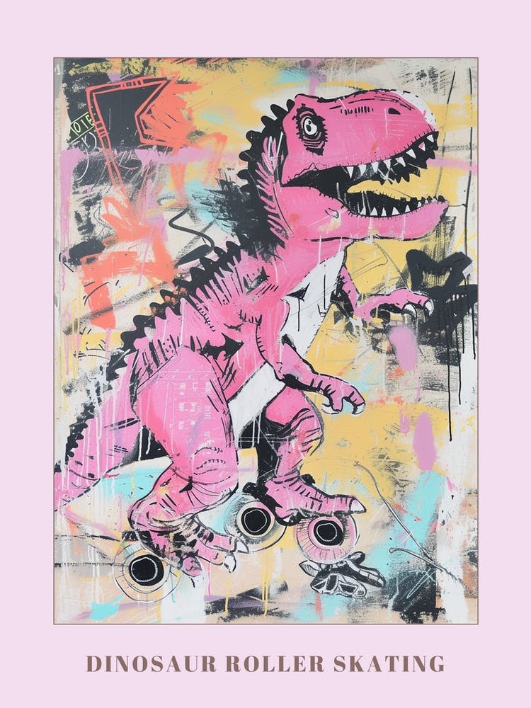 Pink Dinosaur Roller Skating Graffiti Style Poster