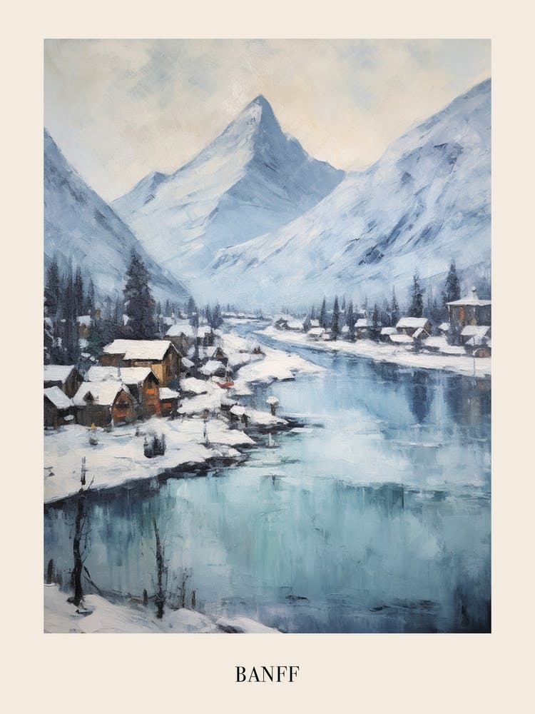 Vintage Winter Painting Poster Banff Canada 1