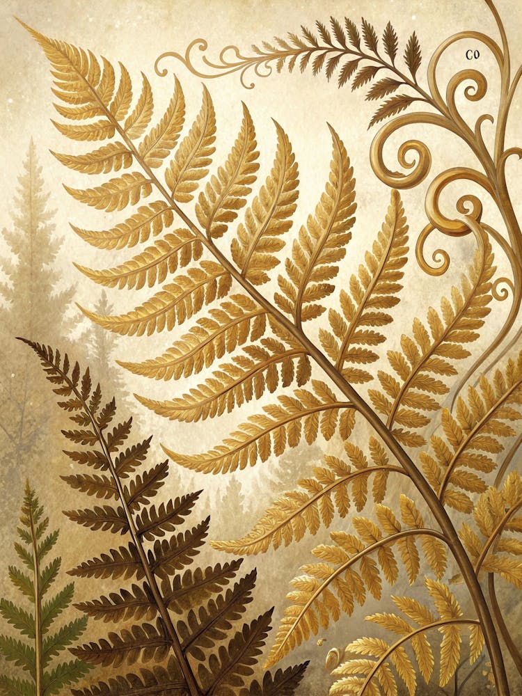 Oil Painting Style Fern Patterns In Symmetrical Gold
