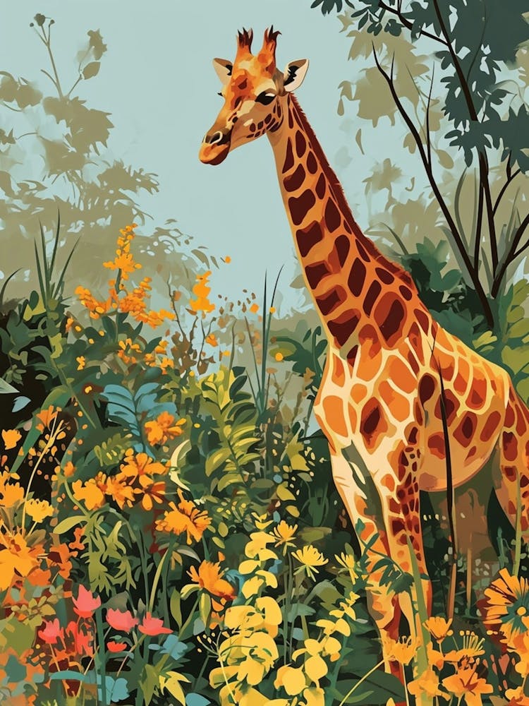 Modern Illustration Of A Giraffe In The Plants 8