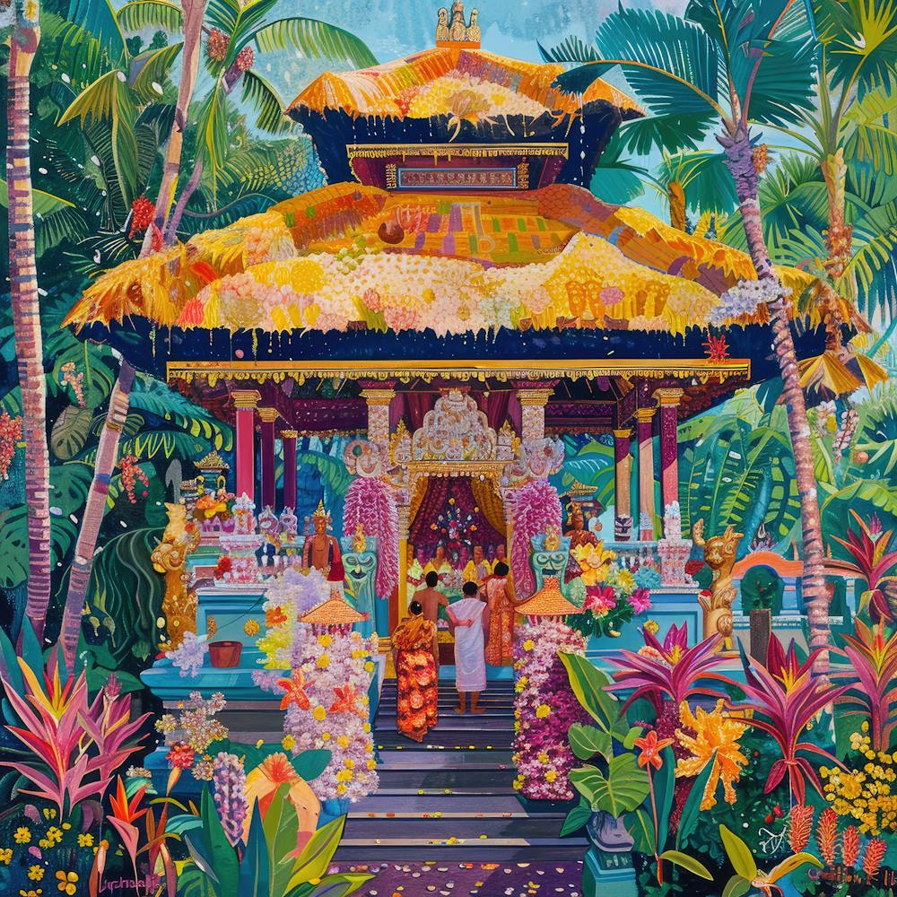 Balinese Temple Ceremony in Style of Hockney