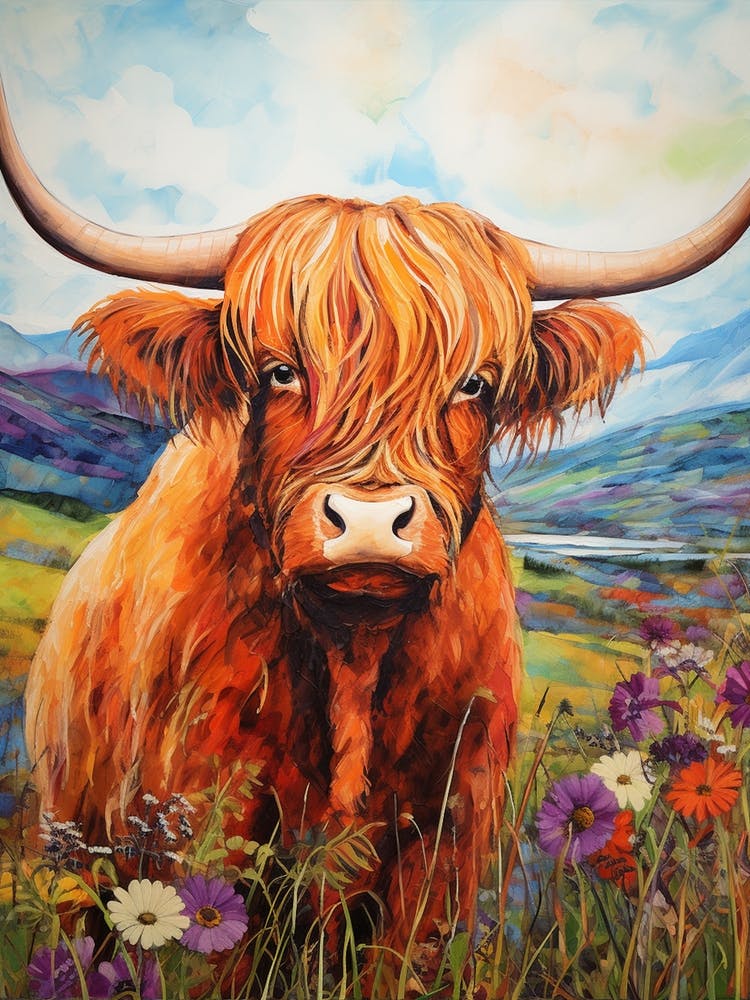 Illustration Of Highland Cow With Wildflowers 4