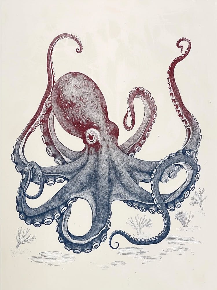 Gradient Blue Vintage Octopus