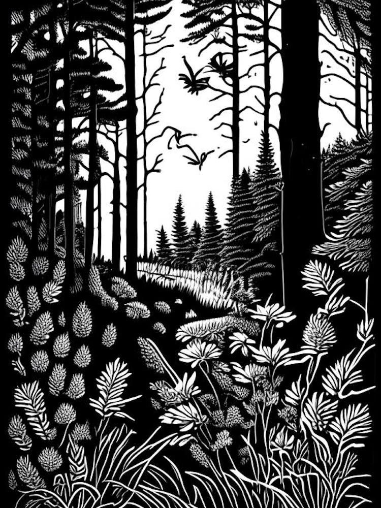 Running Pine Wildflower Linocut