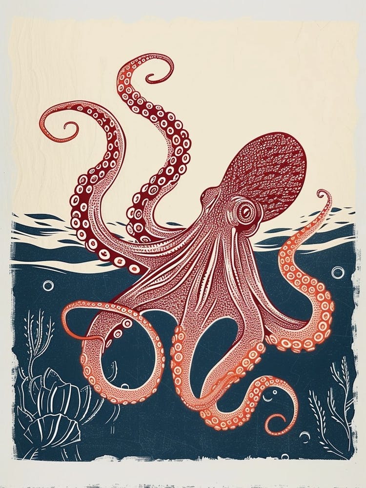 Roter Oktopus Linolschnitt Mit dem Seetang