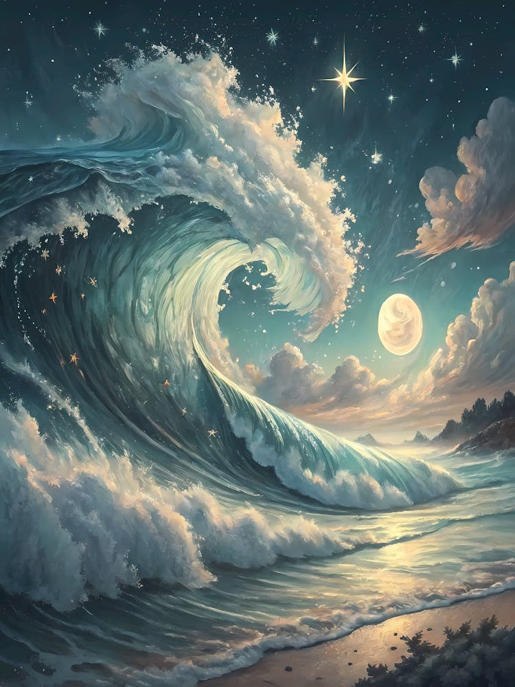 Oil Painting Style Dreamlike Ocean Waves Moonlit Seascape with Stars