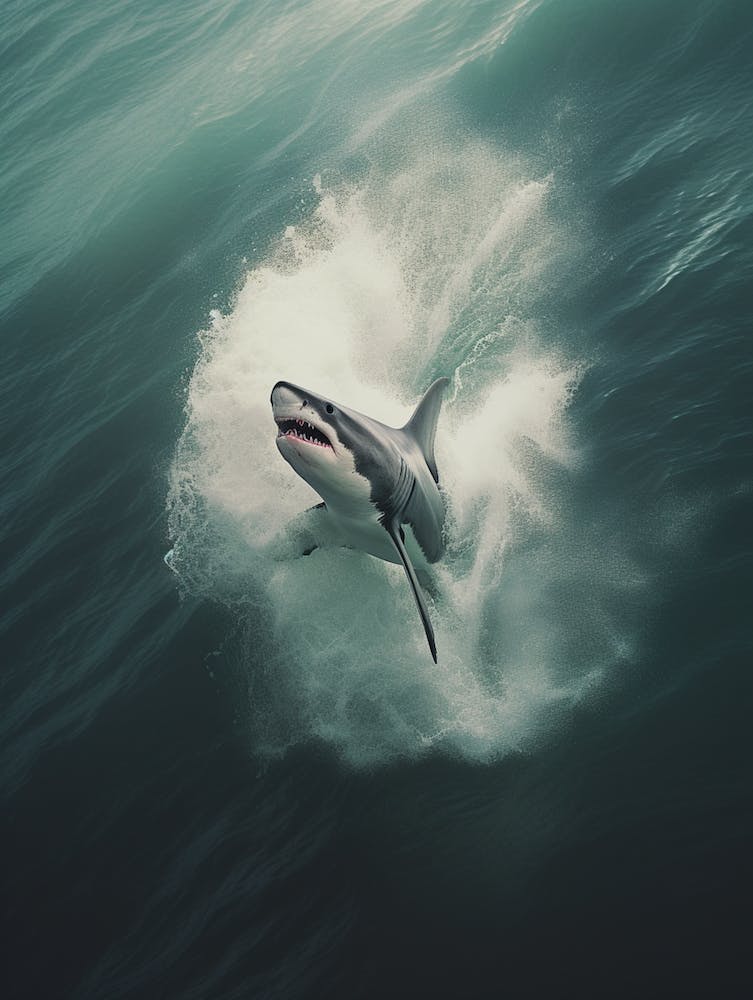 Eine Luftaufnahme eines Hais, der in einer großen Welle schwimmt 1