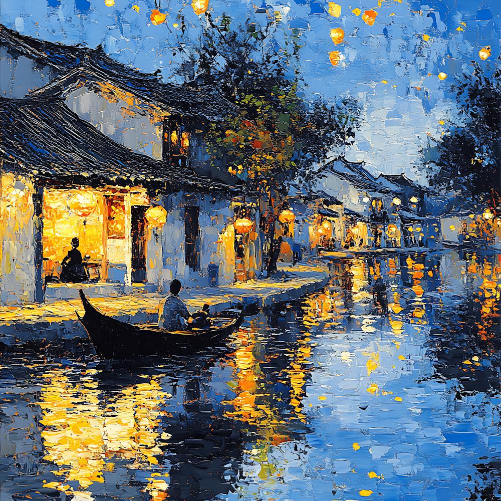 Peaceful Village Waterway Night Scene 9