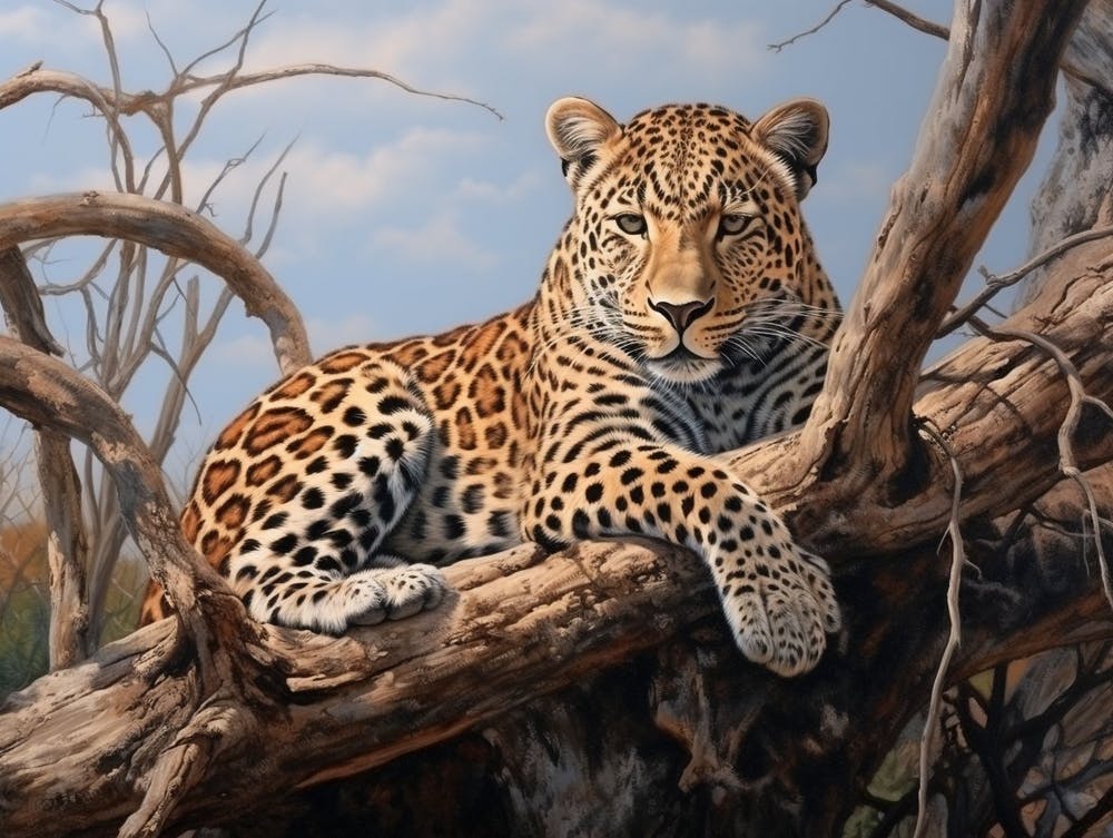 African Leopard Resting In A Tree Realism Painting 2