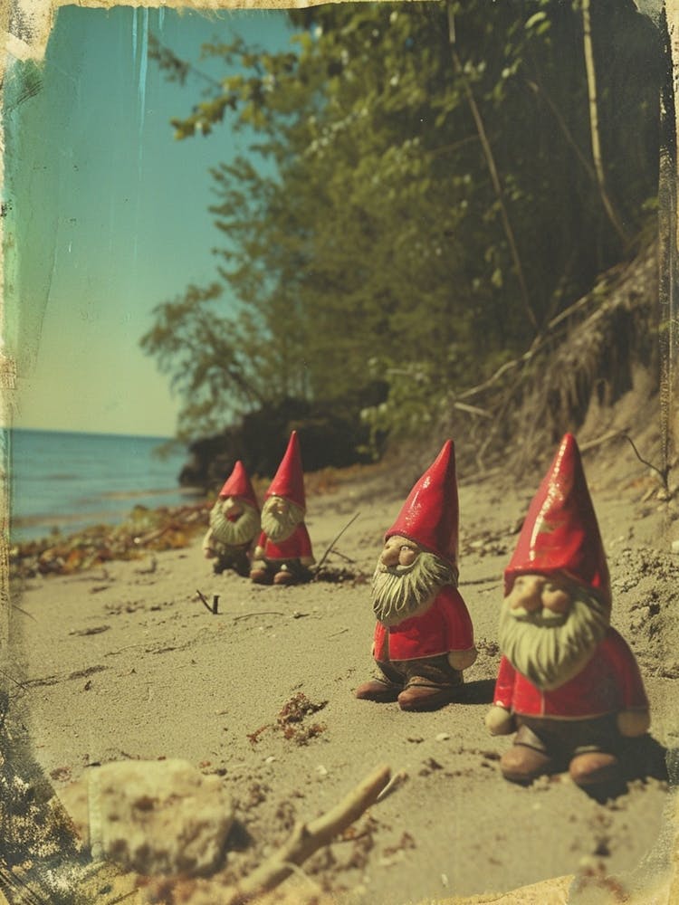 Nains de jardin sur la plage inspirés de Polaroid 3