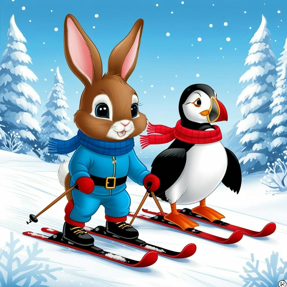 Rabbit And Penguin On Skis