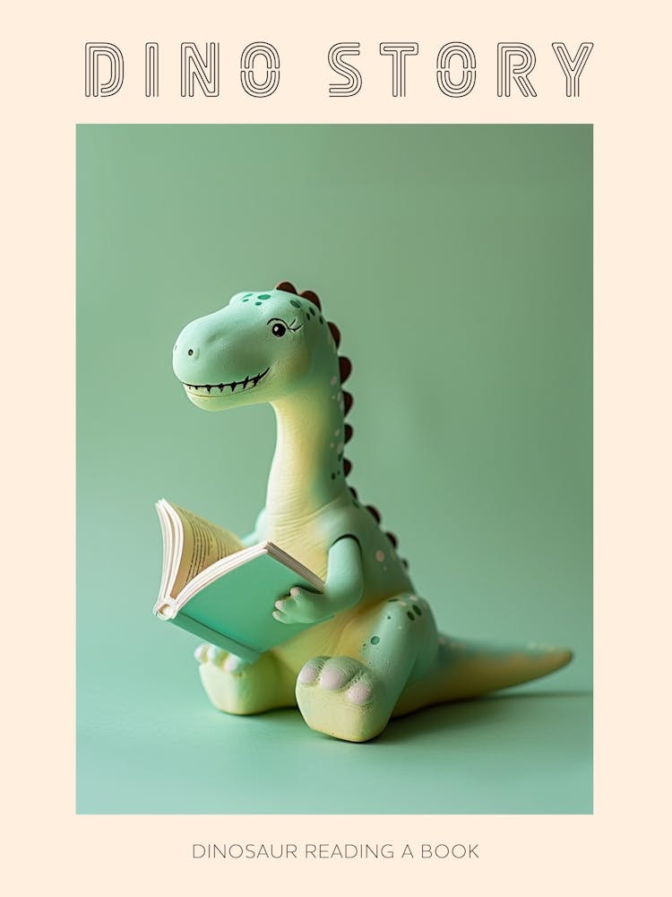 Pastel Green Toy Dinosaur Reading A Book Poster