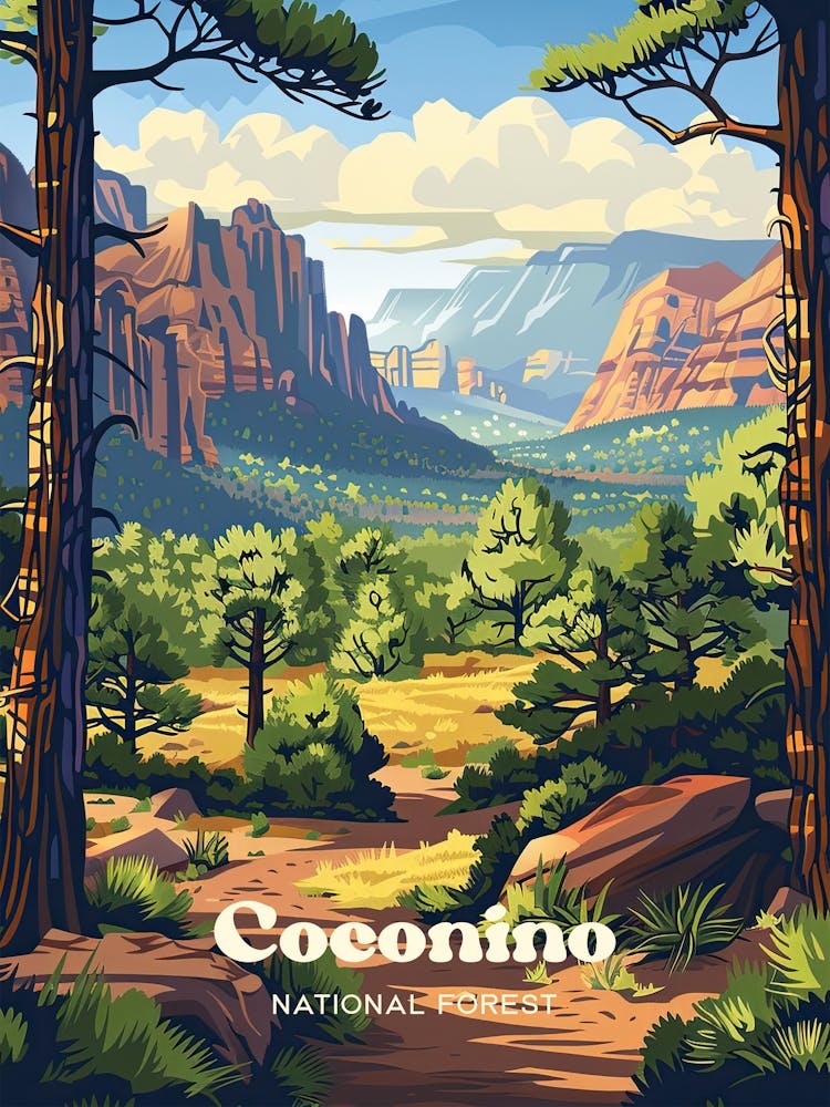 Coconino National Forest Arizona Colorful Travel Art Illustration