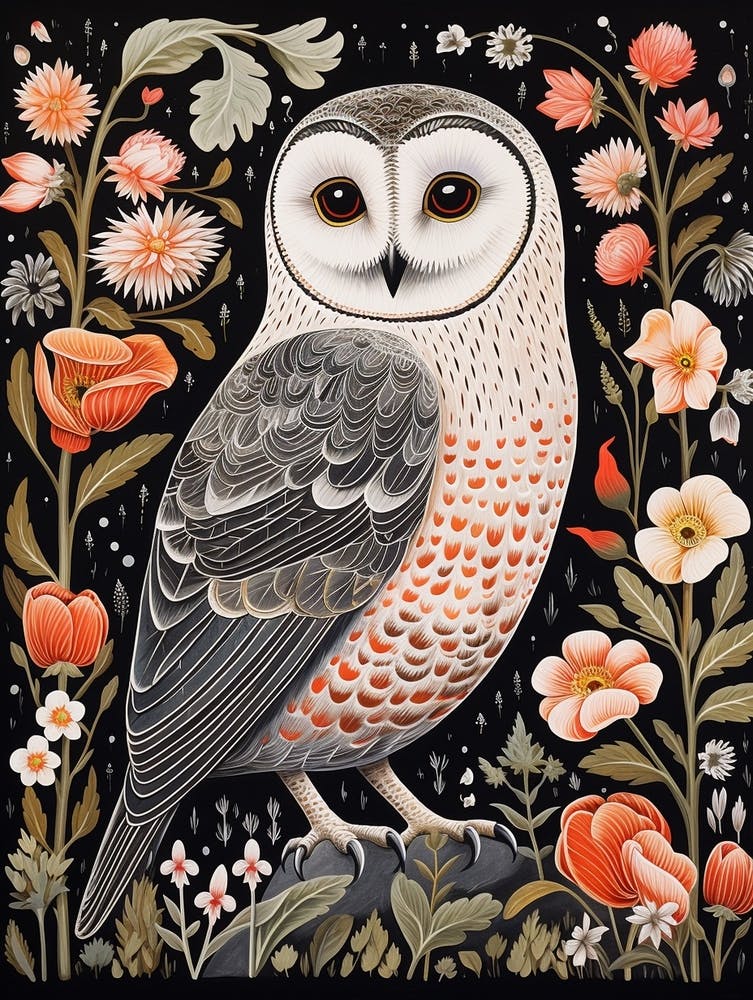 Vintage Bird Linocut Snowy Owl 2