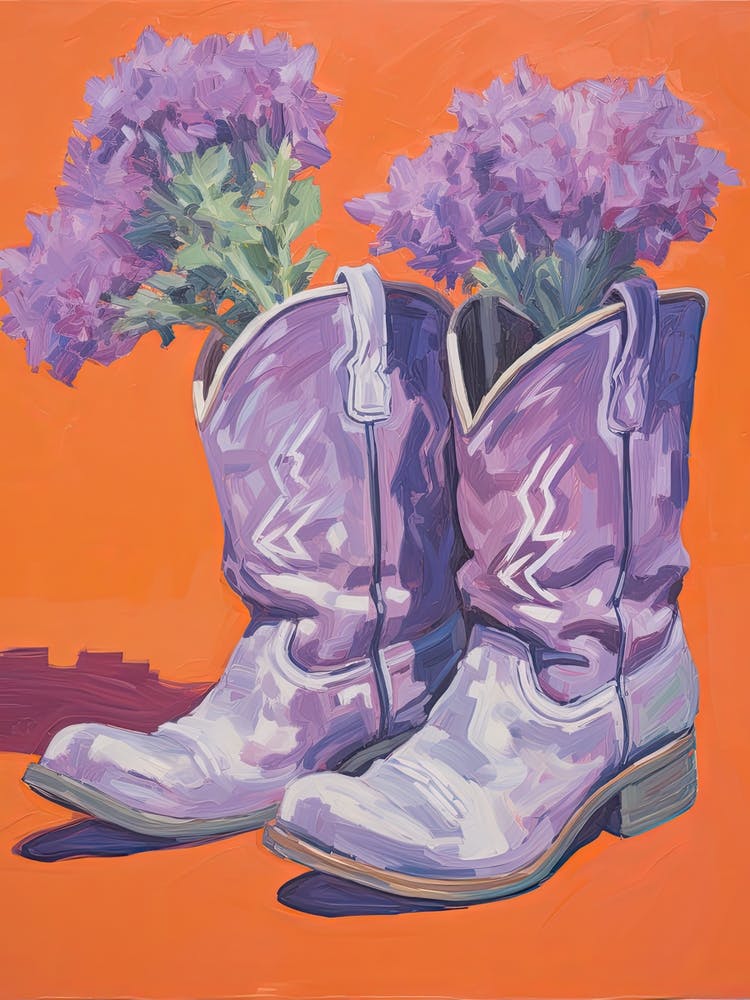 A Painting Of Cowboy Boots With Purple Lilac Flowers, Fauvist Style, Still Life 5