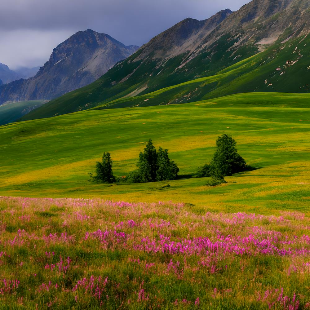 Mountains In Beautiful Colors And Green Grass Beneath Them (1)