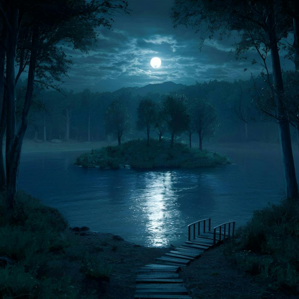 A Serene Nighttime Scene Of A Forest By The Lakes
