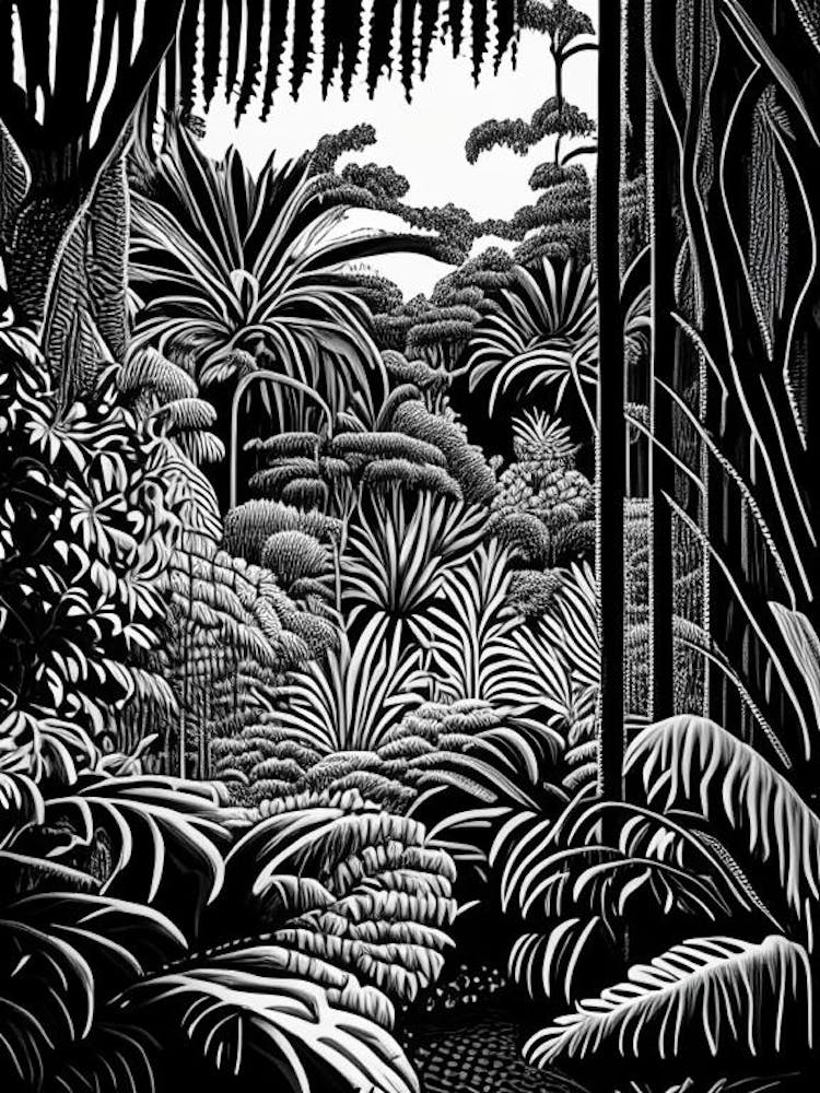 Auckland Domain Wintergardens, 1, New Zealand Linocut Black And White Vintage