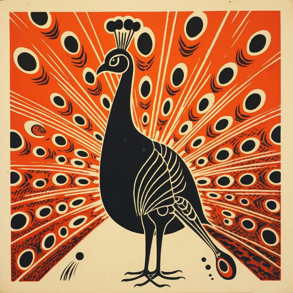 Retro Bird Lithograph Peacock 1