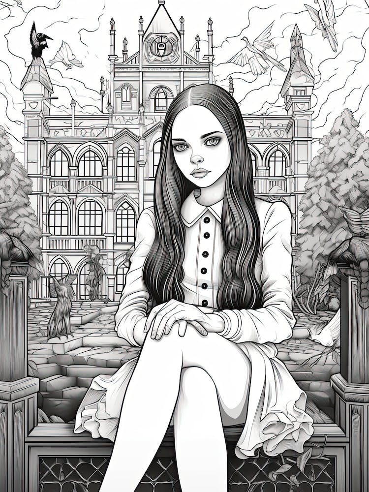 Nevermore Academy With Wednesday Addams Line Art 00 Fan Art