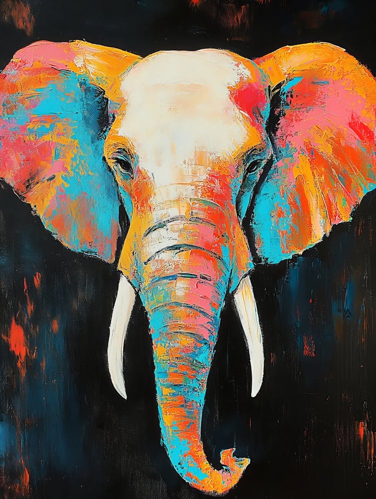 Oil Elephant Portrait Painting In Multicolored Tones