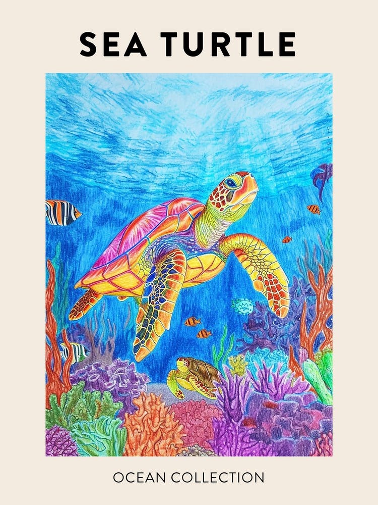 Colourful Sea Turtle Exploring Deep Into The Ocean Crayon Doodle Poster 2